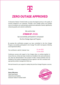 Certyfikat Zero Outage Approved dla Atman sp. z o.o. na okres 1.01-31.12.2025 r.