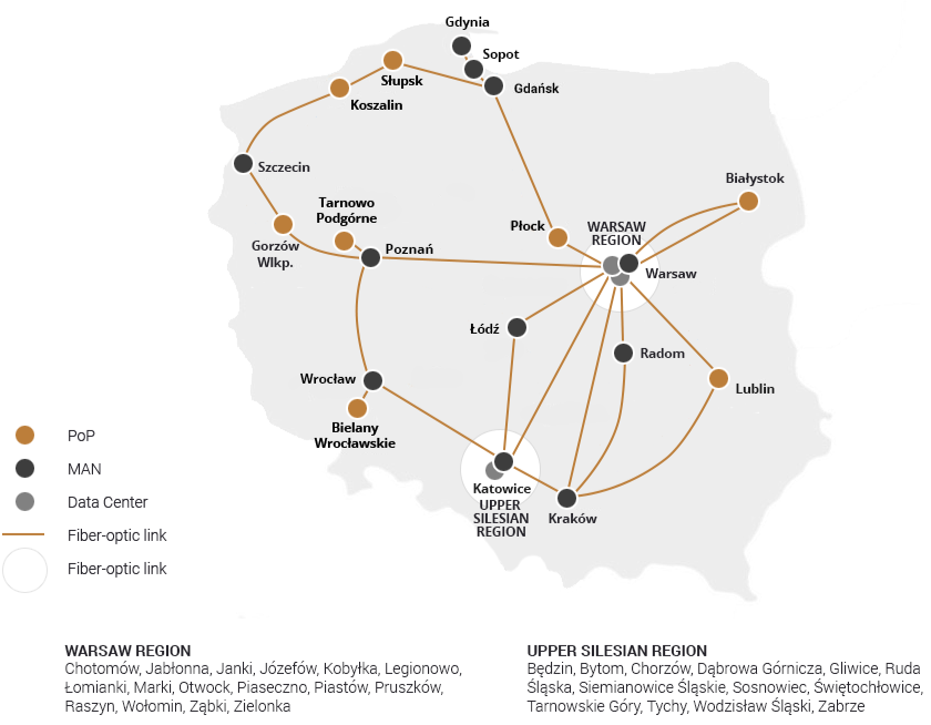 Map of fibre optic network coverage areas